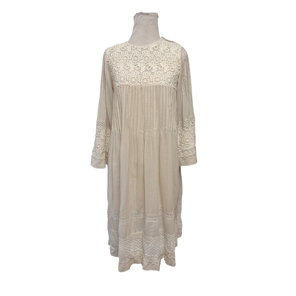 Label Ritu Kumar Boho Lace Pintuck Midi Dress Cream Ivory Small Crochet Bohemian